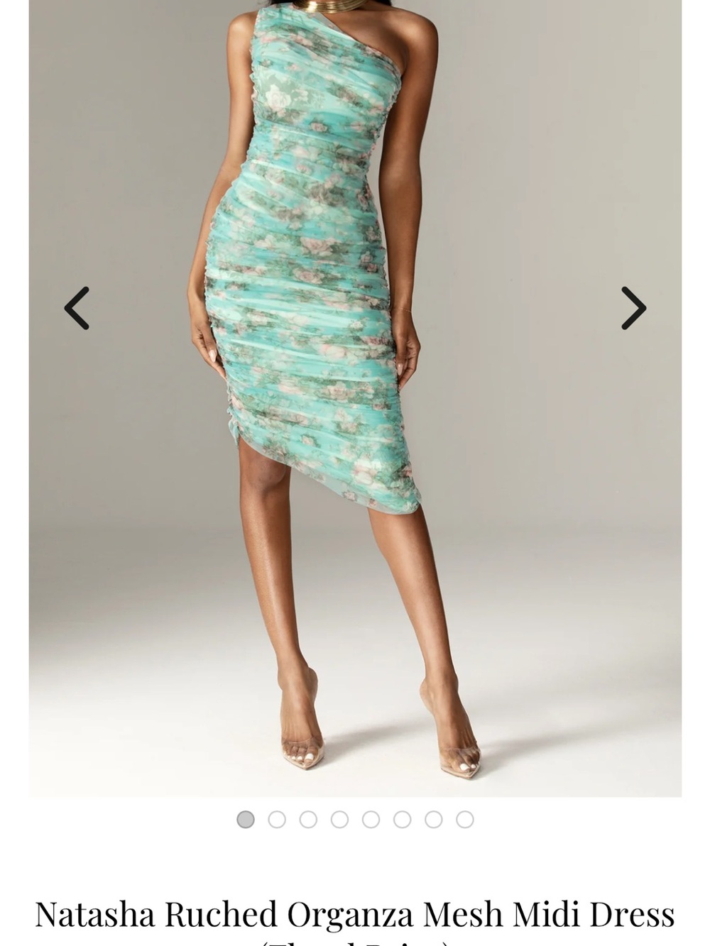 Natasha Couture One-Shoulder Mint Floral Ruched Midi Dress